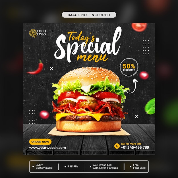 PSD modello di post banner social media pubblicità delizioso hamburger speciale