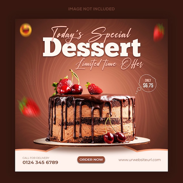 Banner di social media deliziosa torta al cioccolato speciale e modello di post di instagram