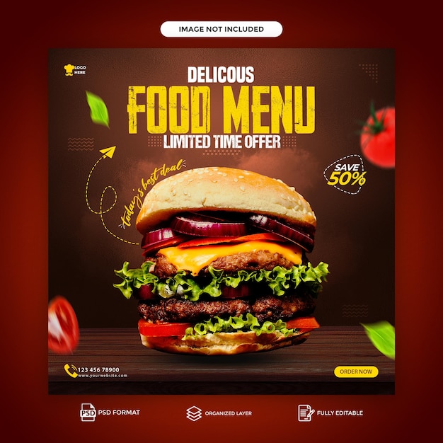 特別なおいしい食べ物メニューとレストランのハンバーガーのソーシャルメディア投稿テンプレート