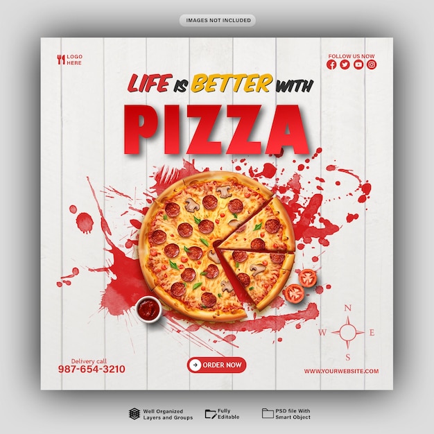 PSD modello di banner di post sui social media e di banner su instagram per una pizza o un menù di cibo delizioso
