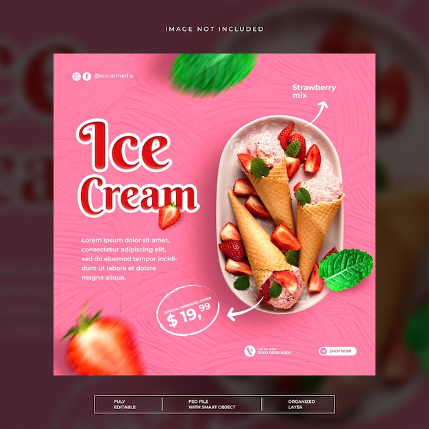 Speciale delizioso gelato alla fragola post banner design sui social media