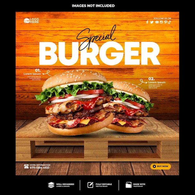Modello di social media speciale per hamburger deliziosi