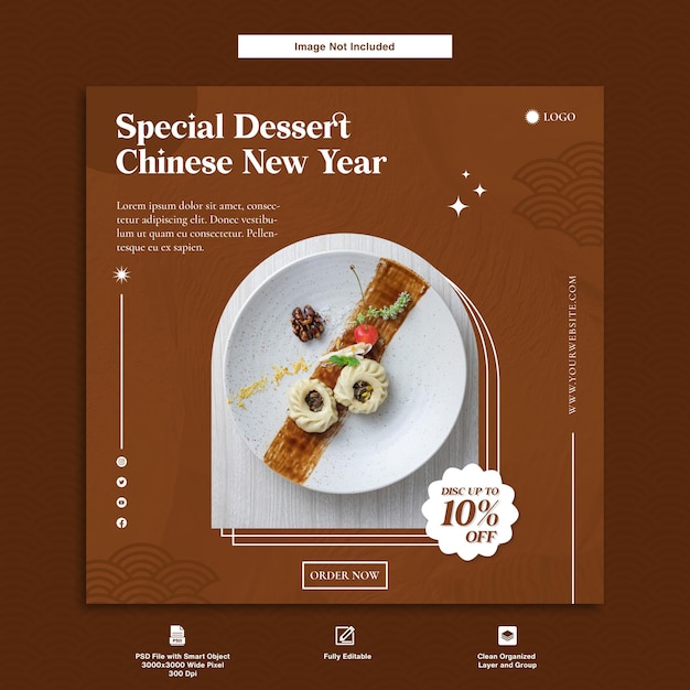 PSD modello di post instagram minimalista per dessert speciale capodanno cinese in vendita a tema marrone