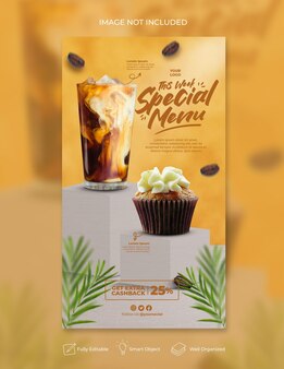 Modello di banner di storia di instagram di social media di promozione di menu di bevande speciali