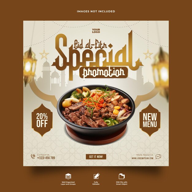 Special eid al fitr islamic restaurant food menu social media square banner template psd