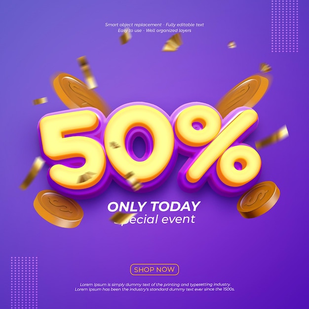 Special fifty percent discount for flash sale banner with editable 3d style text effect