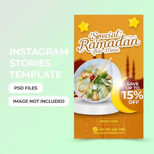 Special food iftar ramadan social media stories template with 3d icon star and moon premium psd