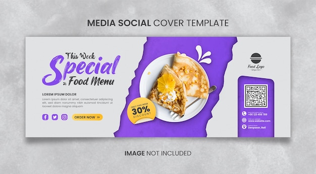 Специальное меню еды и обложка ресторана в социальных сетях или шаблон баннера с сочетанием желтого и фиолетового
