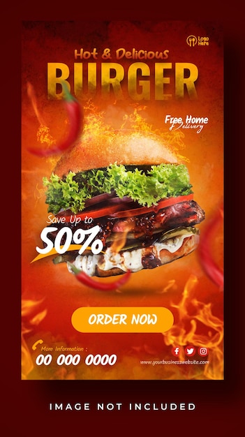 특별 음식 메뉴 버거 뜨거운 맛있는 카페 레스토랑 소셜 미디어 포스트 스토리 배너 템플릿