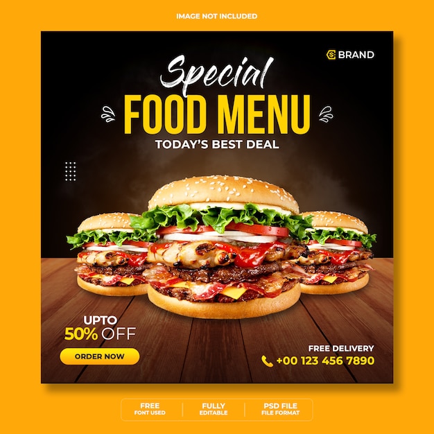 PSD banner web promozionale di vendita di menu di cibo speciale o modello di banner di instagram