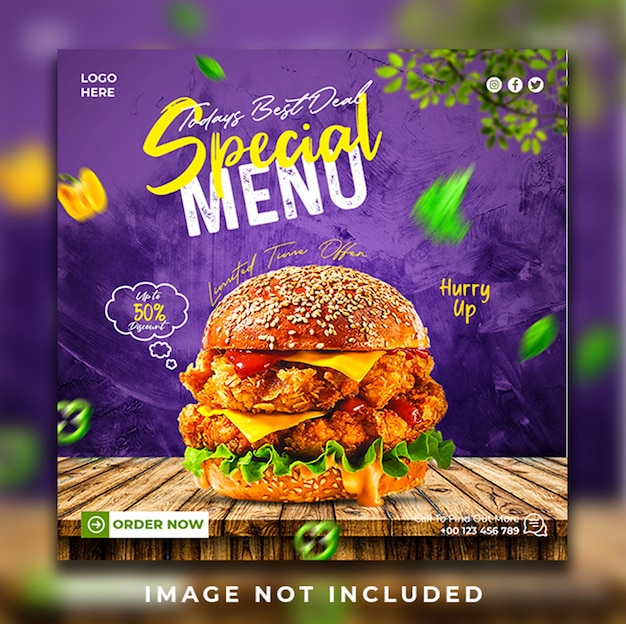Специальное горячее вкусное меню бургеров, рекламный баннер в социальных сетях, дизайн поста