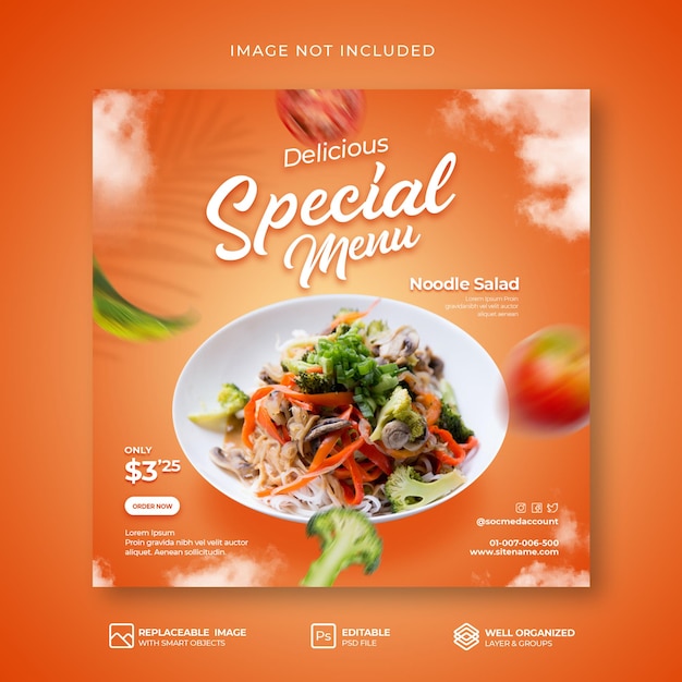Special hot noodle salad food menu promotion social media instagram post or banner template Premium