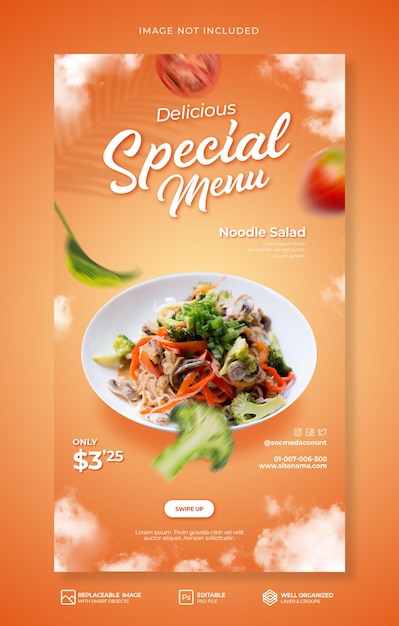 Speciale insalata di noodle caldi menu promozione social media instagram modello di storia o banner premium