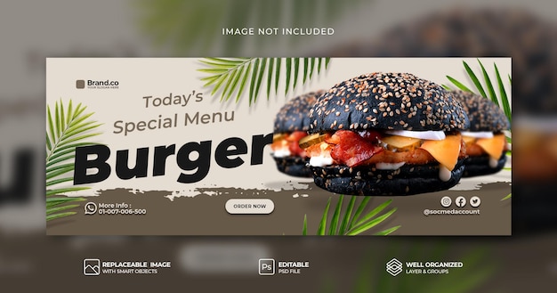 Speciale hot spicy black burger food menu promozione modello banner copertina facebook psd premium