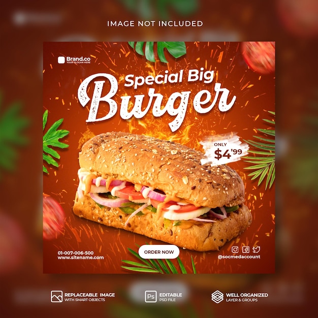 Speciale hot spicy burger food menu promozione social media post instagram o modello di banner premium