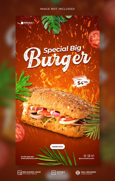 Специальное продвижение меню горячих блюд spicy burger в социальных сетях instagram шаблон истории premium psd