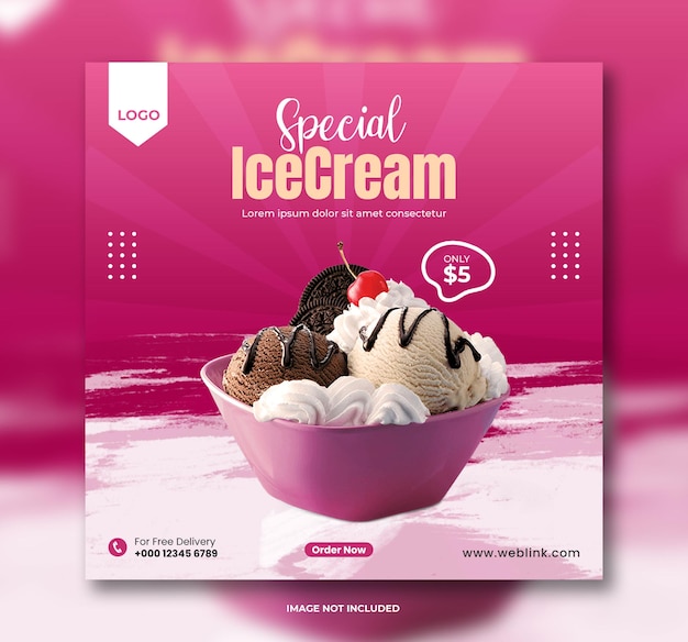 Шаблон дизайна баннера для публикации в социальных сетях с мороженым и квадратный баннер в Instagram