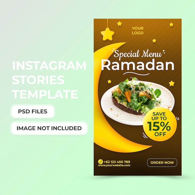 PSD special menu islamic ramadan social media stories template with 3d icon star and moon premium psd