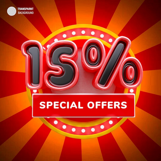 PSD offerta speciale 15% di sconto per la vendita di banner di rendering 3d