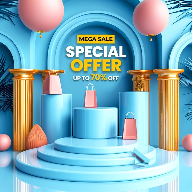 PSD special offer banner template promotion with 3d realistic podium background