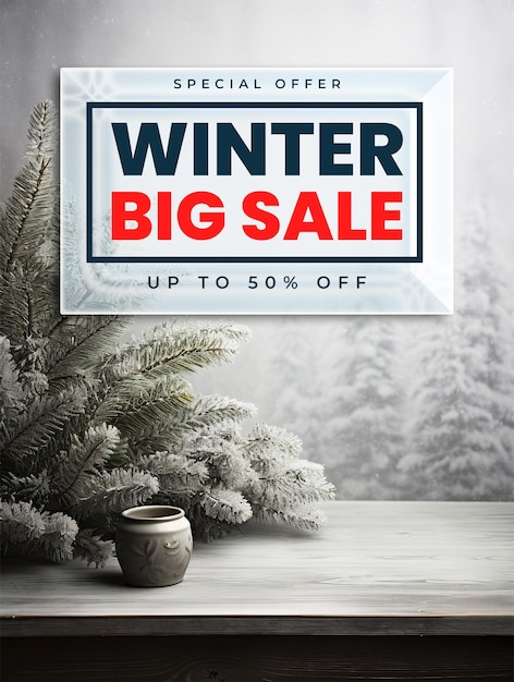 특별한 겨울 빅 세일 포스터 템플릿과 겨울 디스플레이 소나무 가지 눈이 많은 테이블