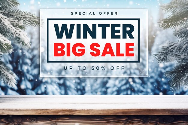 PSD offerta speciale modello di poster winter big sale con winter display fir branches on snowy table