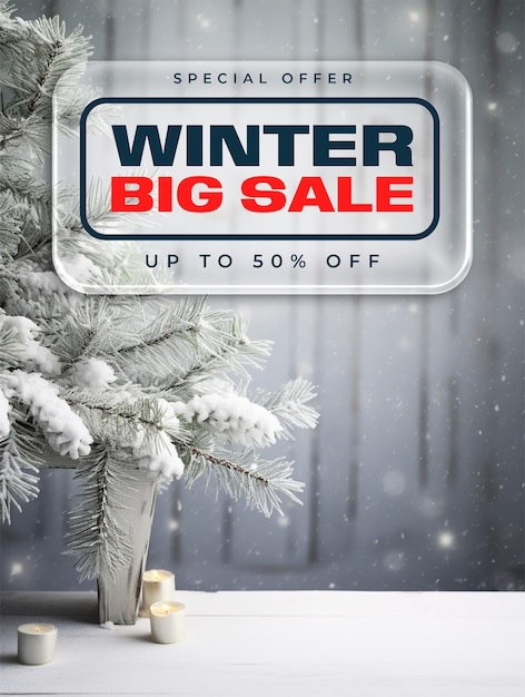 PSD offerta speciale modello di poster winter big sale con winter display fir branches on snowy table