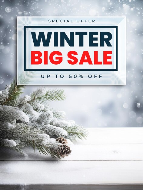 Special offer winter big sale poster template with winter display fir branches on snowy table