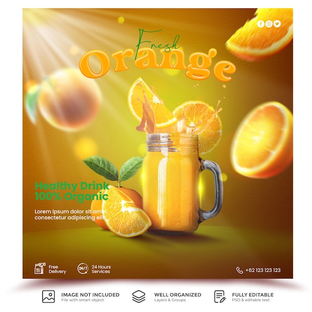 Speciale modello di post sui social media di succo d'arancia