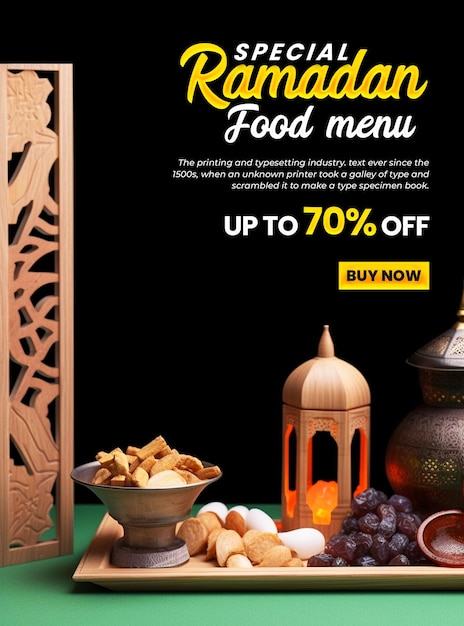 Poster speciale del menu del cibo di ramadan con sfondo con podio 3d