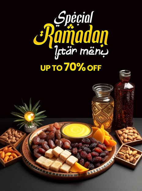 Poster speciale del menu del cibo di ramadan con sfondo con podio 3d