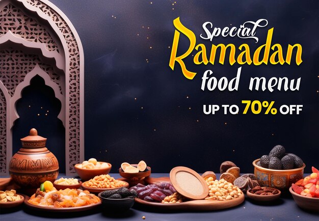 PSD speciale ramadan kareem menu di cibo modello di design del banner sfondo.