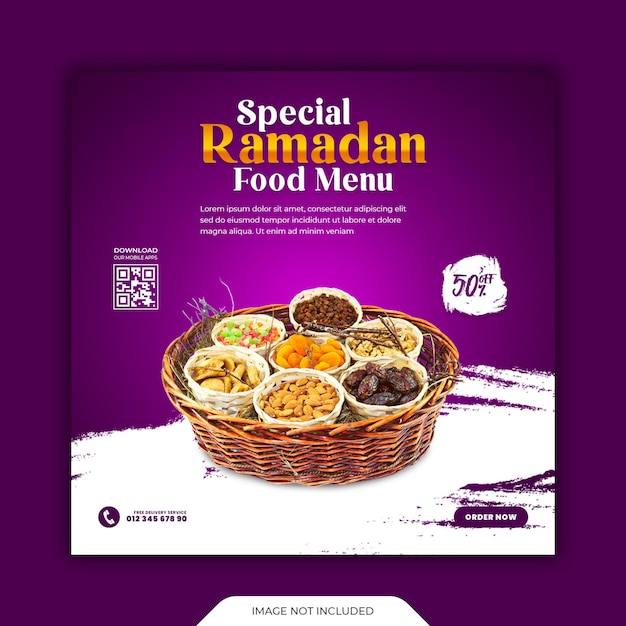 Специальная распродажа еды на рамадан карим в социальных сетях и дизайн шаблона меню