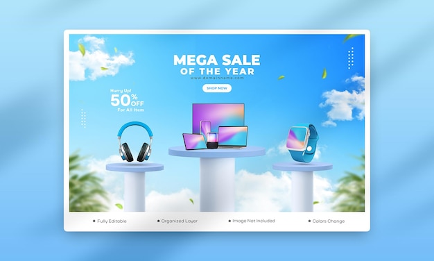 Special sale discount web banner template design with 3d podium blue background