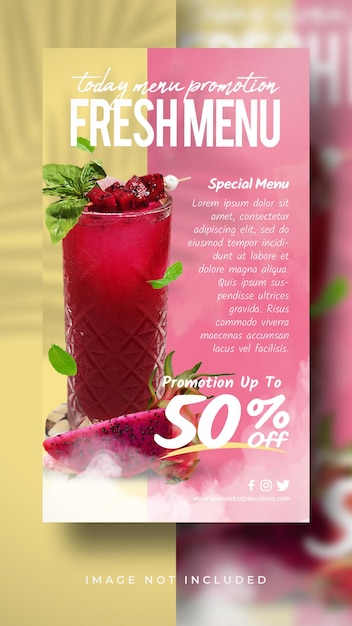 PSD modello di banner di storie di post di instagram per la promozione del menu di frutta fresca di succo dolce speciale