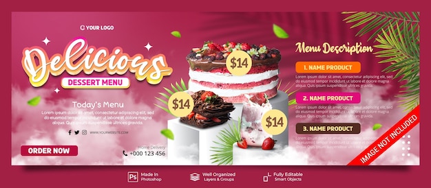 Modello di banner di copertina facebook del ristorante speciale per la promozione del menu dolce