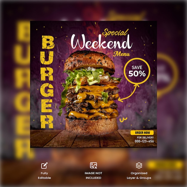 Menu di cibo speciale per hamburger del fine settimana post sui social media e modello di post su instagram