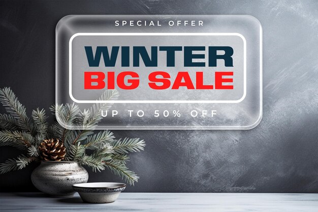 PSD speciale aanbieding winter big sale poster sjabloon met winter display fir takken op snowy table