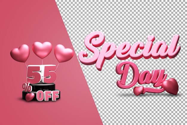 PSD speciale dag 55 procent korting 3d render geïsoleerd met roze kleur