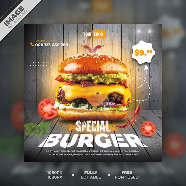 Speciale hamburger en eten menu social media banner ontwerpsjabloon