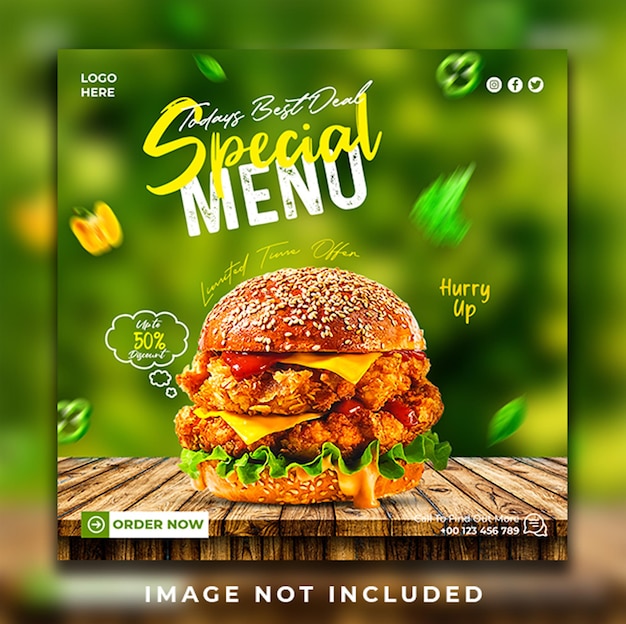 Speciale hot delicious burger food menu social media promotie banner post ontwerp