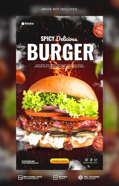 PSD speciale hot spicy burger-voedselmenupromotie sociale media instagram verhaalsjabloon premium psd