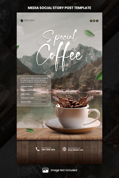 PSD speciale koffie met de natuur achtergrond media social story post template