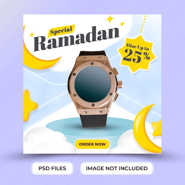 Speciale modeverkoop ramadan social media postsjabloon met 3d schattig pictogram ster en maan premium psd