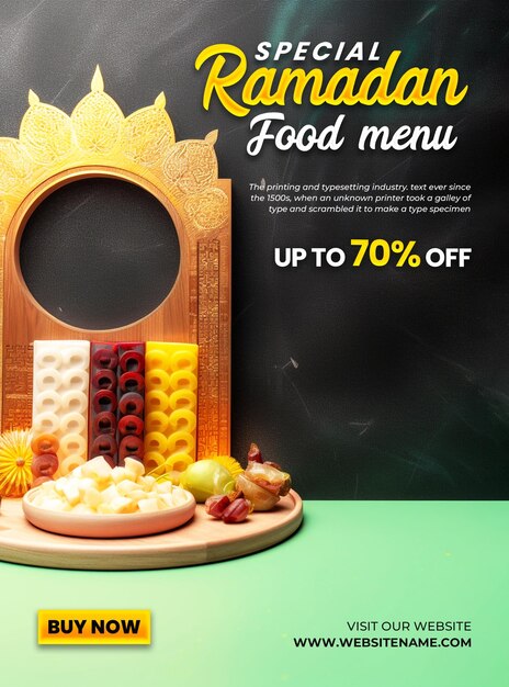 PSD speciale ramadan eten menu poster ontwerp achtergrond met 3d podium