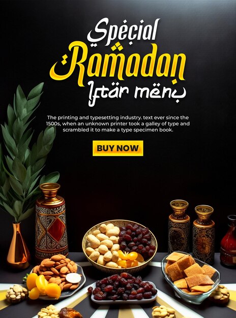 PSD speciale ramadan eten menu poster ontwerp achtergrond met 3d podium