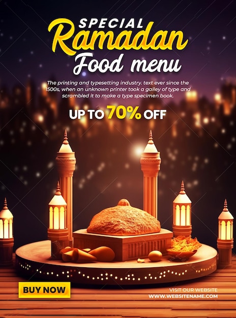 Speciale ramadan eten menu poster ontwerp achtergrond met 3d podium