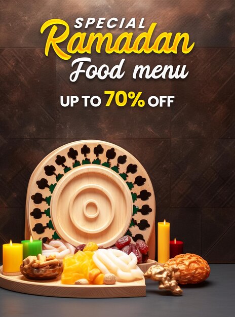 PSD speciale ramadan eten menu poster ontwerp achtergrond met 3d podium