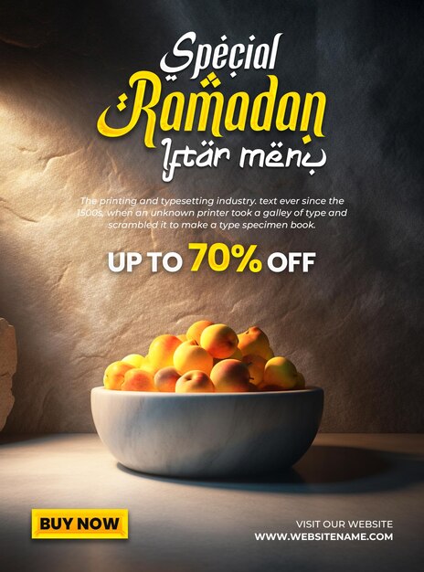 Speciale ramadan eten menu poster ontwerp achtergrond met 3d podium