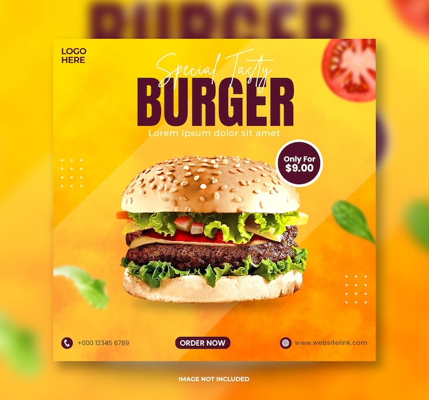 Speciale smakelijke burger en restaurantburger social media-bannersjabloon of instagram-postbanner